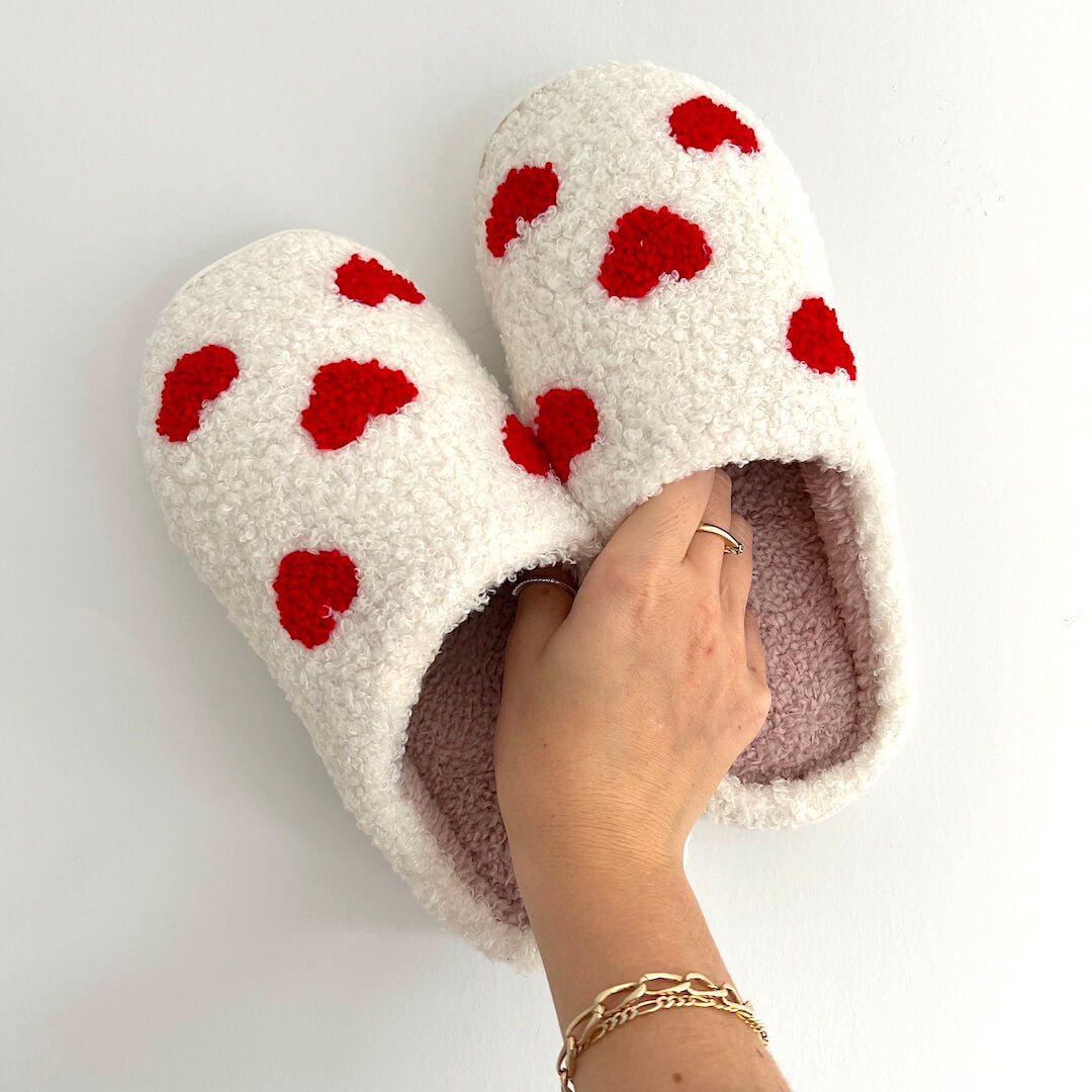Women's Mule Slippers with a Red Heart Motif | Soft Plush Upper, Open Back, Non Slip Sole | Sizes 5.5-9.5