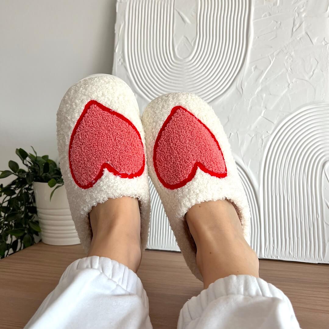 Women's Mule Slippers with a Red Heart Motif | Soft Plush Upper, Open Back, Non Slip Sole | Sizes 5.5-9.5