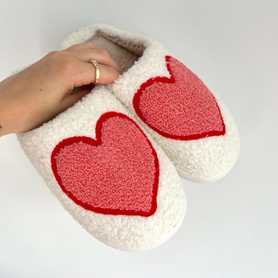 Women's Mule Slippers with a Red Heart Motif | Soft Plush Upper, Open Back, Non Slip Sole | Sizes 5.5-9.5