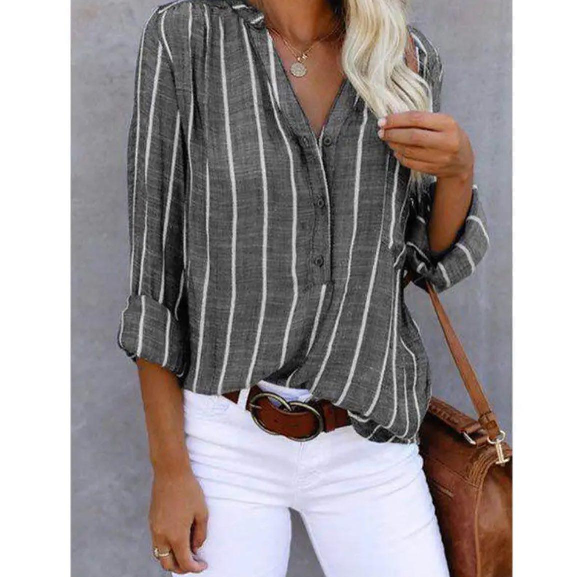 Women's Striped Button-Down Blouse | Vertical Stripe Pattern, Roll-Tab Sleeves, Relaxed Fit | Sizes S-5XL | 4 Colors