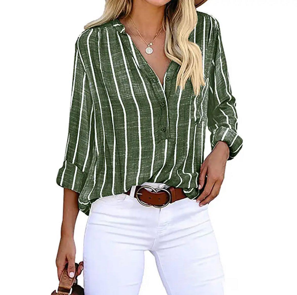 Women's Striped Button-Down Blouse | Vertical Stripe Pattern, Roll-Tab Sleeves, Relaxed Fit | Sizes S-5XL | 4 Colors