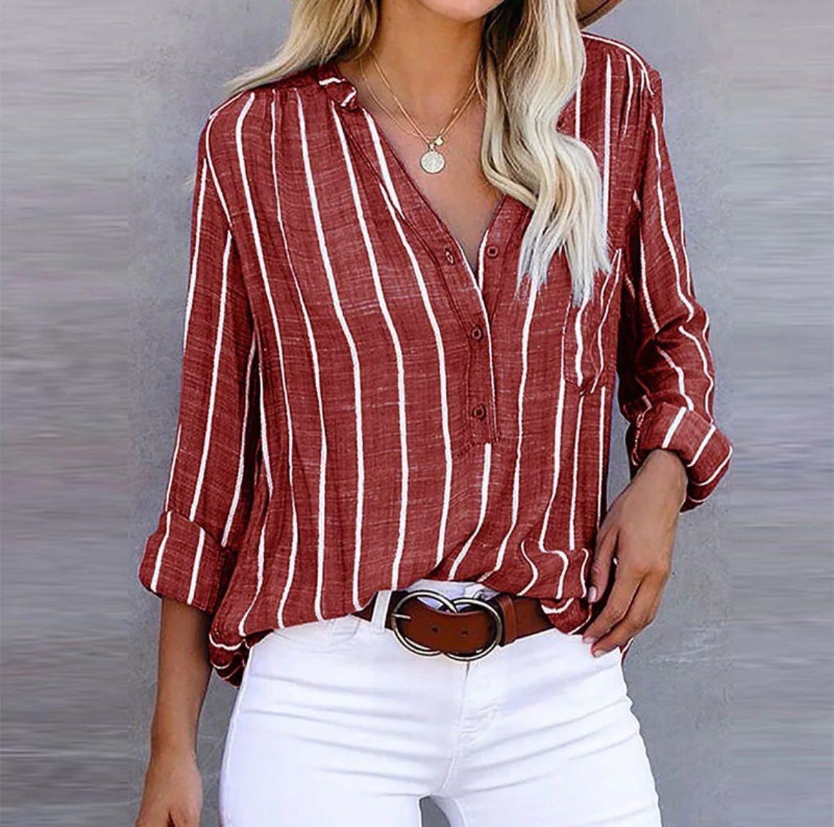 Women's Striped Button-Down Blouse | Vertical Stripe Pattern, Roll-Tab Sleeves, Relaxed Fit | Sizes S-5XL | 4 Colors