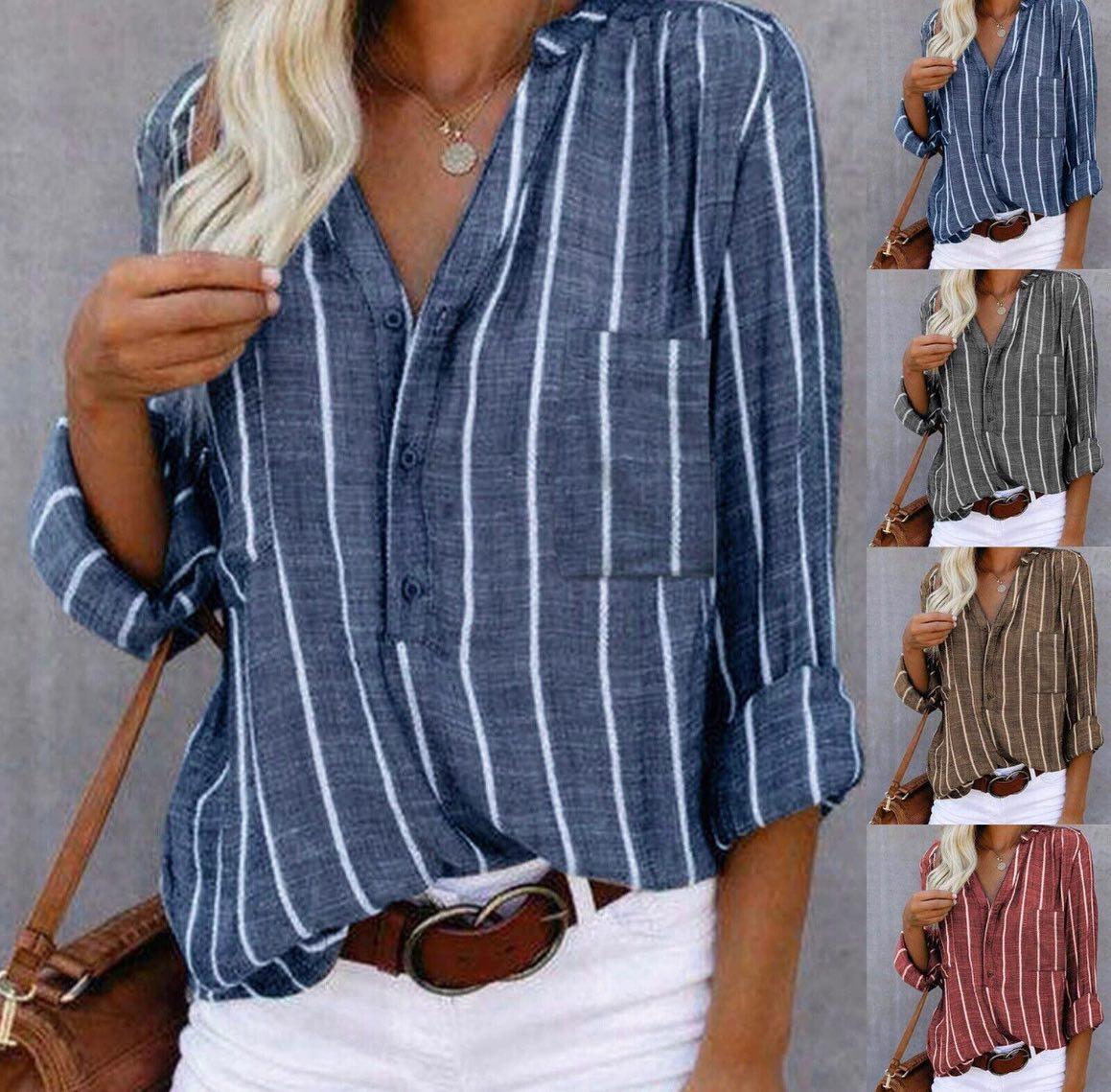 Women's Striped Button-Down Blouse | Vertical Stripe Pattern, Roll-Tab Sleeves, Relaxed Fit | Sizes S-5XL | 4 Colors