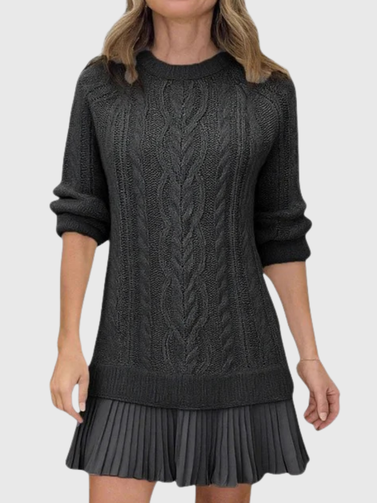 Women's Sweater Dresses for Fall in Cable Knit | Pleated Hem Flounce, Round Neck, Long Sleeves | Sizes S-3XL, 5 Colors