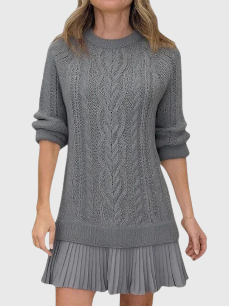 Women's Sweater Dresses for Fall in Cable Knit | Pleated Hem Flounce, Round Neck, Long Sleeves | Sizes S-3XL, 5 Colors