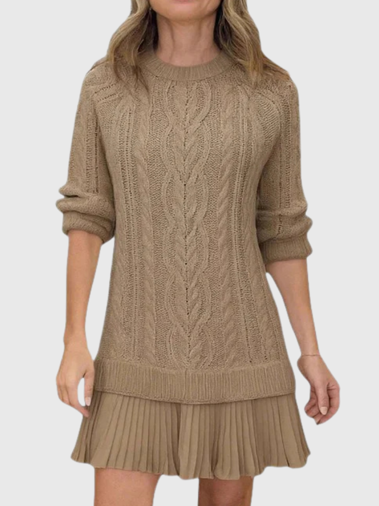 Women's Sweater Dresses for Fall in Cable Knit | Pleated Hem Flounce, Round Neck, Long Sleeves | Sizes S-3XL, 5 Colors