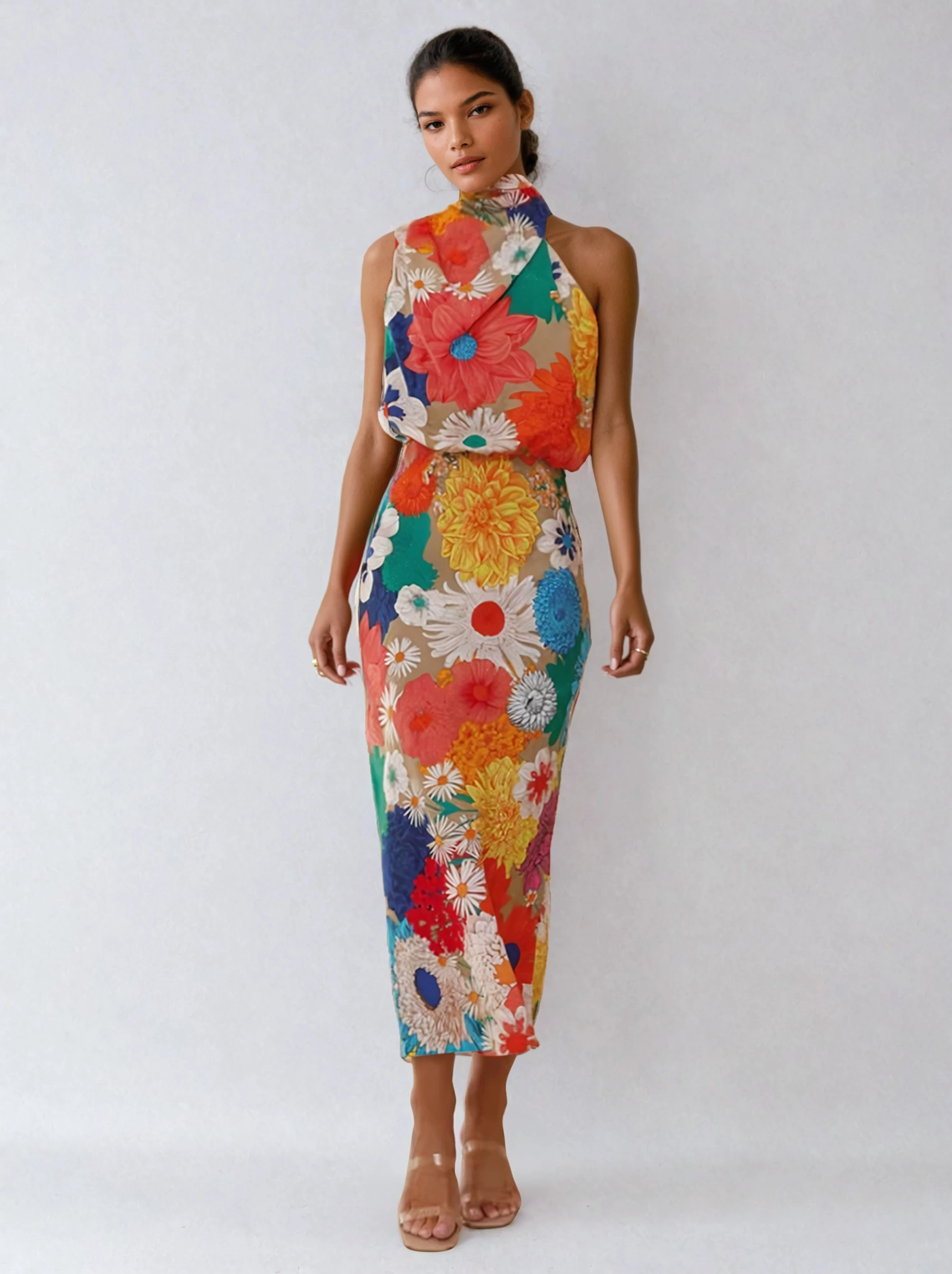 Floral Halter Neck Midi Dress with Fitted Waist