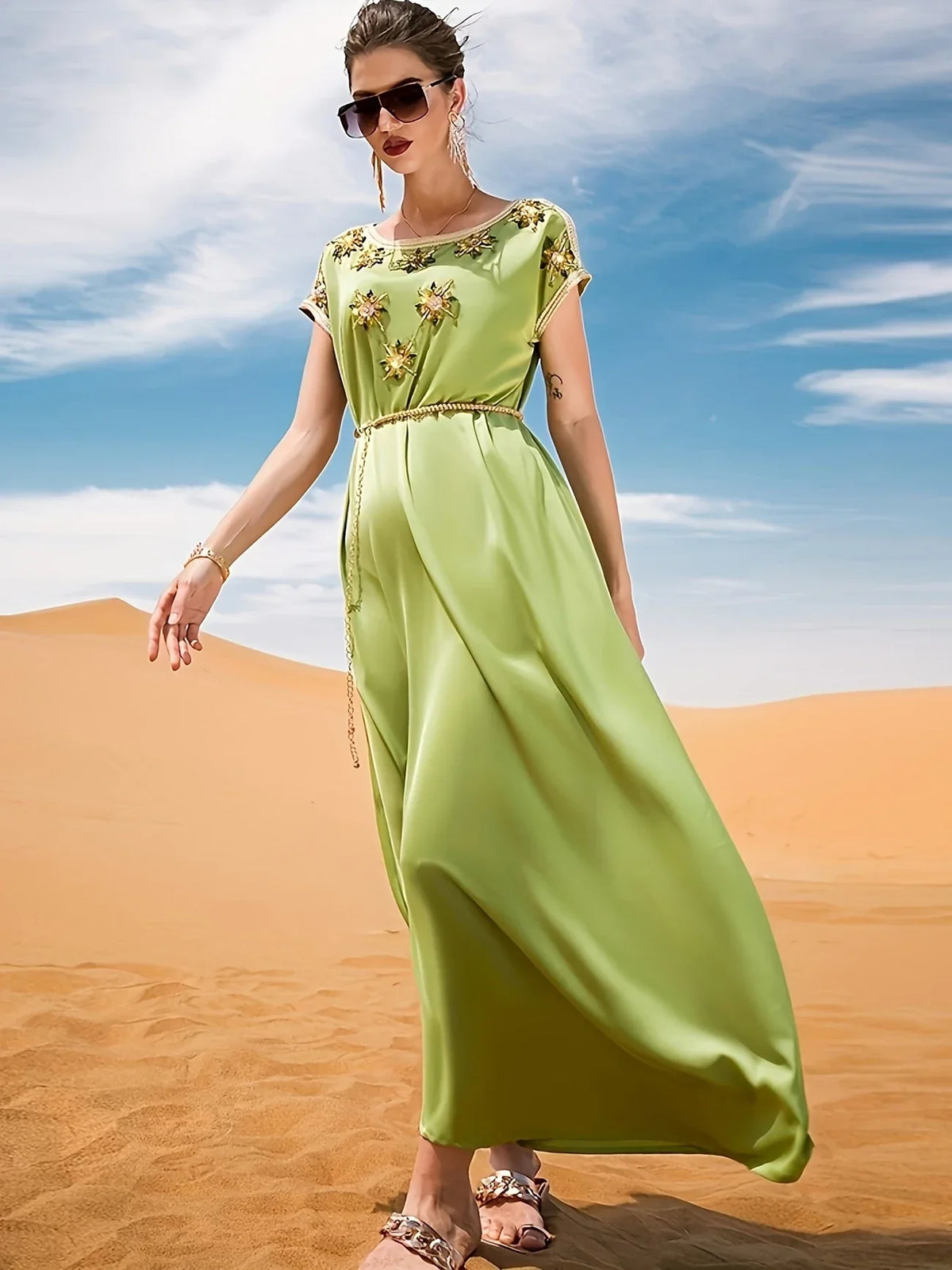 Women's Midi Cocktail Dress with Rhinestone Detail | Satin Finish for Galas and Parties | Sizes S to 2XL, Green
