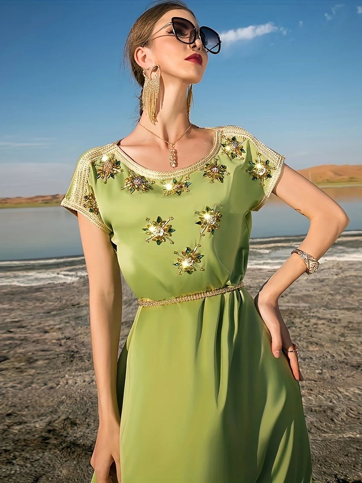 Women's Midi Cocktail Dress with Rhinestone Detail | Satin Finish for Galas and Parties | Sizes S to 2XL, Green