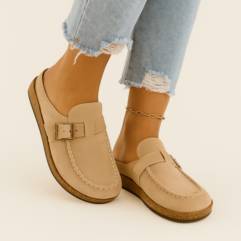 Women's Clog Slippers with an Adjustable Buckle Strap | Faux Suede Mules on a Cork Look Platform Sole | Sizes 5.5 to 11