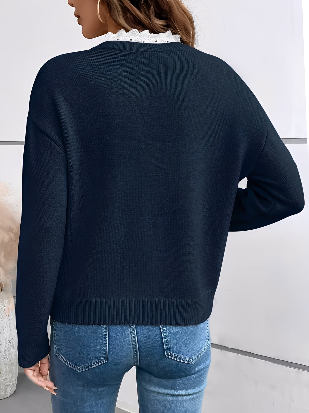 Women's Knit Sweater with Lace Details | Classic Cut Pullover Jumper for Casual and Dressy Looks | Size S-XL