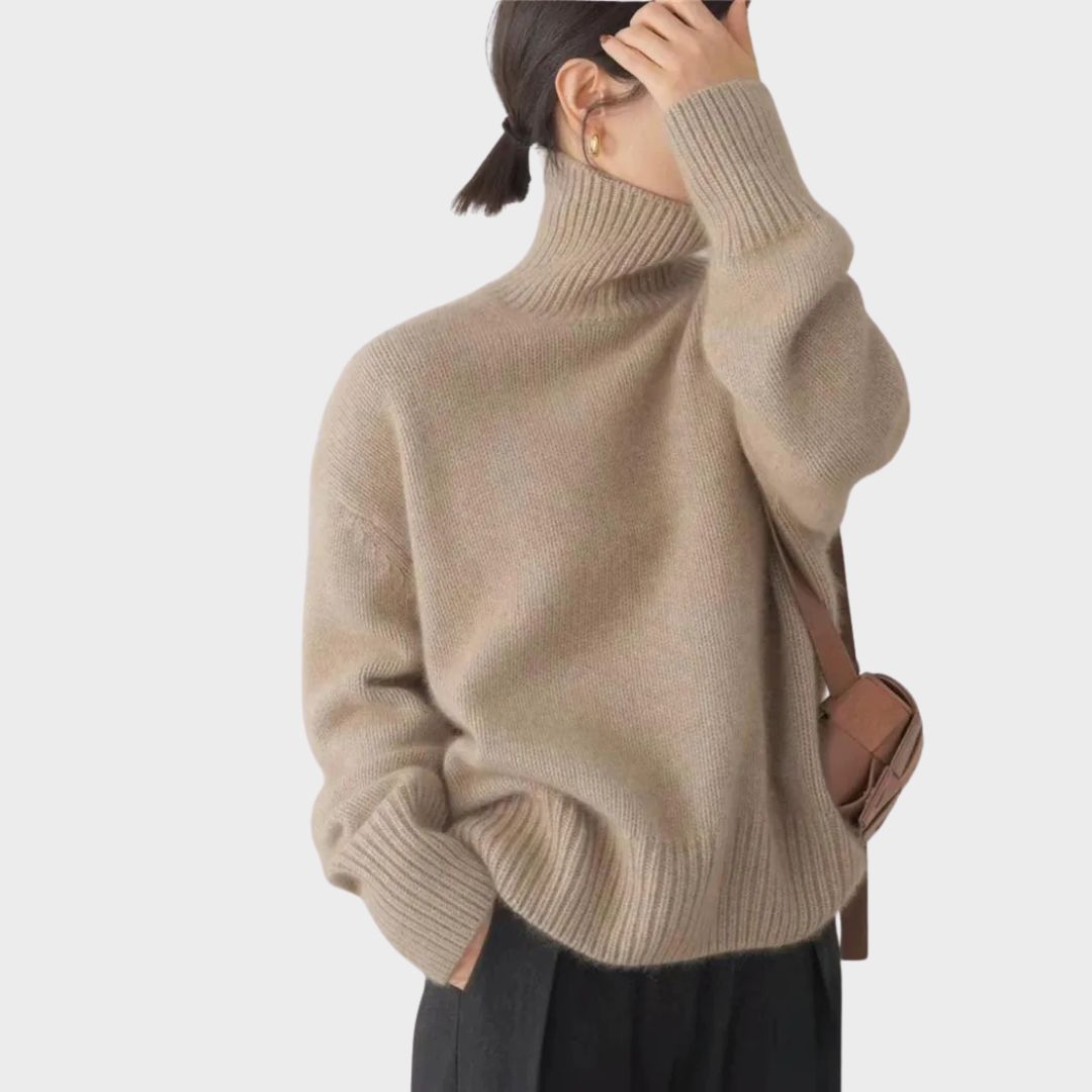 Women's High Collar Knit Sweater | Warm Standing Neckline, Long Sleeves, Relaxed Fit | Sizes S-XL | Beige, Gray, Khaki
