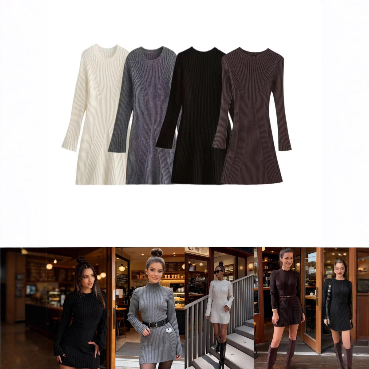 Women's Ribbed Knit Dress with Flared Cuffs | Round Neck, A Line Shape, Long Sleeves | Sizes S-L, 4 Colors