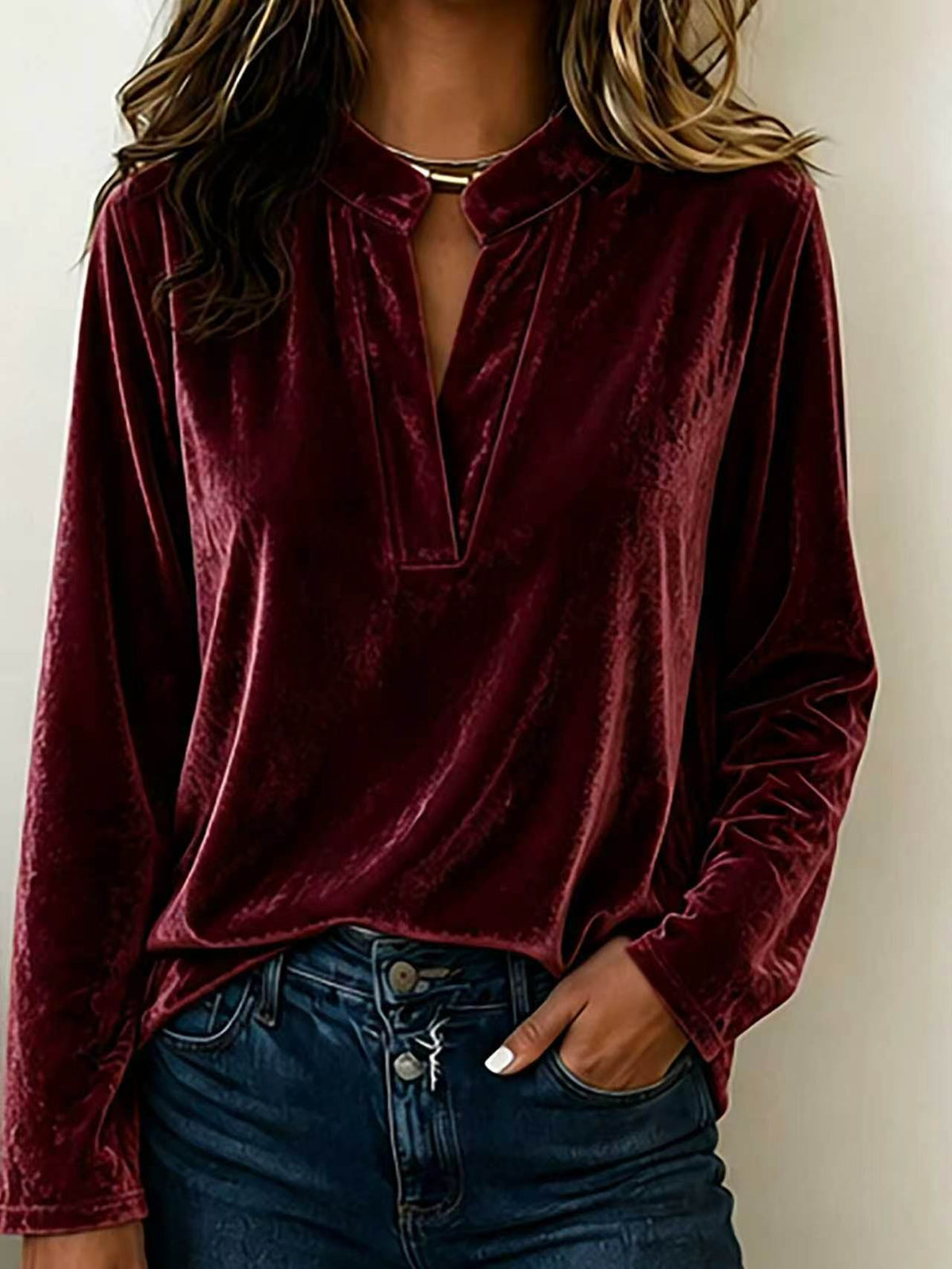 Women's Velvet Top with Stand Collar and Deep V Opening | Long Sleeves, Loose Cut | Sizes S to 3XL