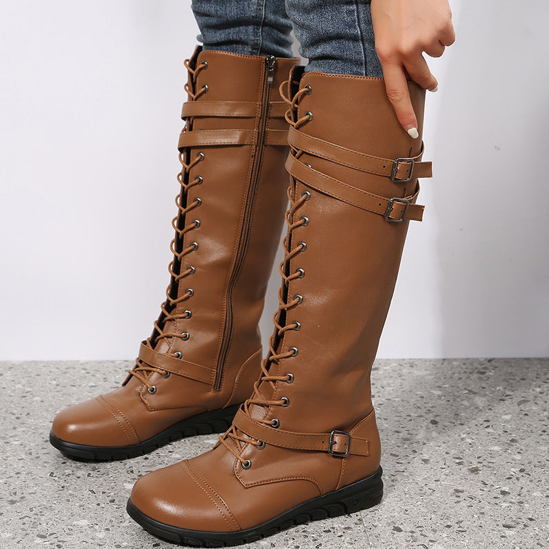 Women's Buckle Knee High Boots in a Leather Look | Full Height Lacing, Shock Absorbing Lug Sole | Sizes 5.5-11, 3 Colors