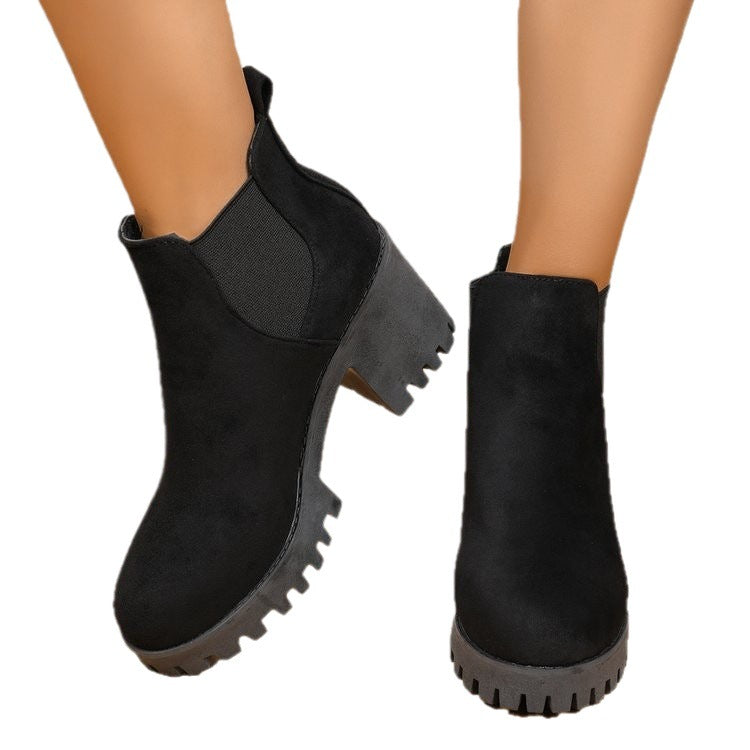 Women's Black Chelsea Boots in a Faux Suede Finish | Chunky Block Heel, Pull Tab, Ridged Lug Outsole | Sizes 5.5-11
