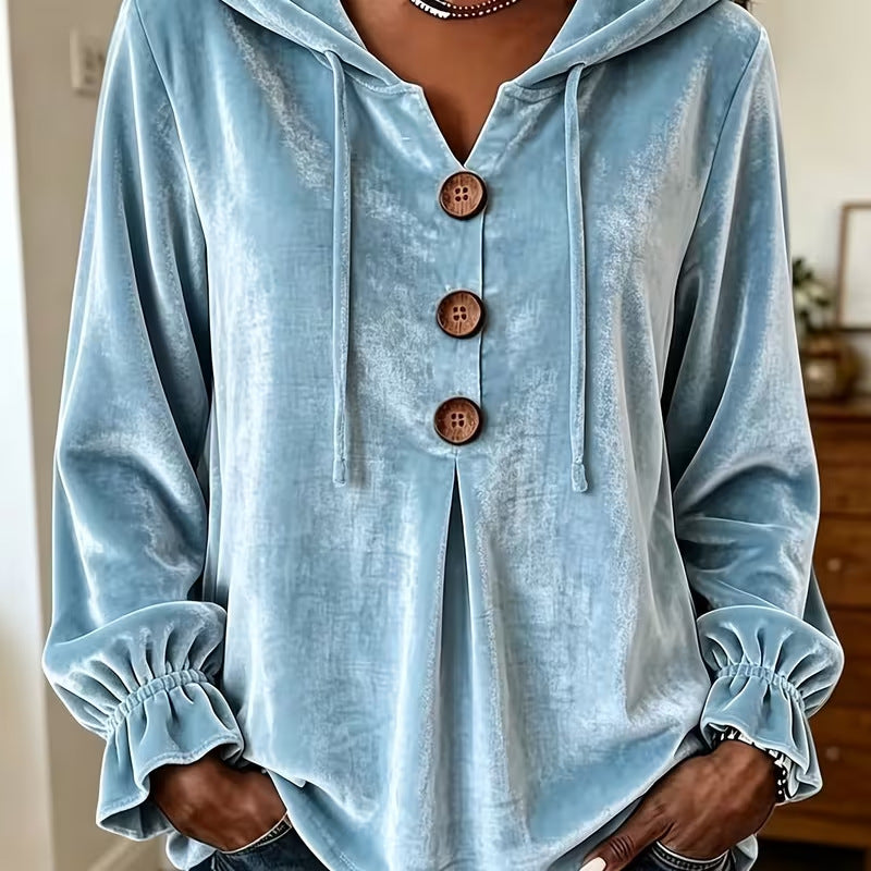 Women's Velvet Top with Hood and Drawstring | Decorative Button Placket, Ruffled Cuffs | Sizes S to 5XL, 5 Colors