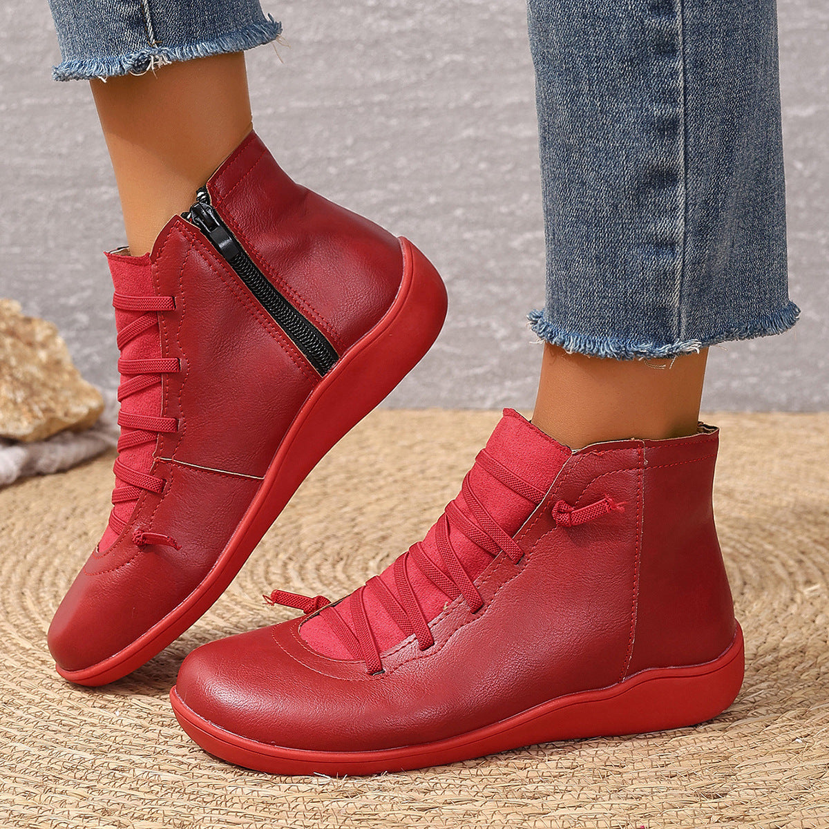 Women's Ankle Boots with Elastic Lacing and Side Zip | Leather Look Upper, Flexible Rubber Sole | Sizes 5.5-11, 6 Colors