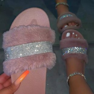 Women's Fur Slippers with a Rhinestone Trim | Fluffy Upper on a Non Slip Rubber Sole | Sizes 5.5 to 11, 8 Colors