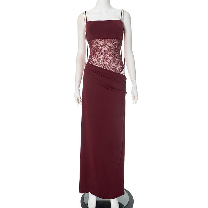 Women's Lace Panel Maxi Dress | Adjustable Tie Straps and a Straight Line for Evening Parties | Size XS-L, 4 Colors