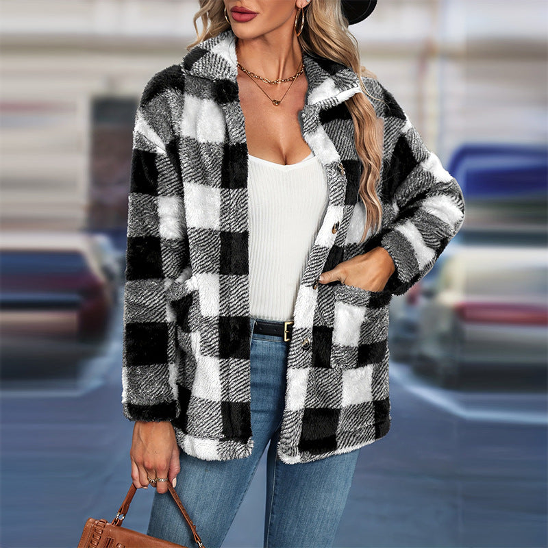 Women's Plaid Fleece Shacket with Button Front and Side Pockets | Loose Fit Warm Shirt Jacket for Fall | Size S-XL