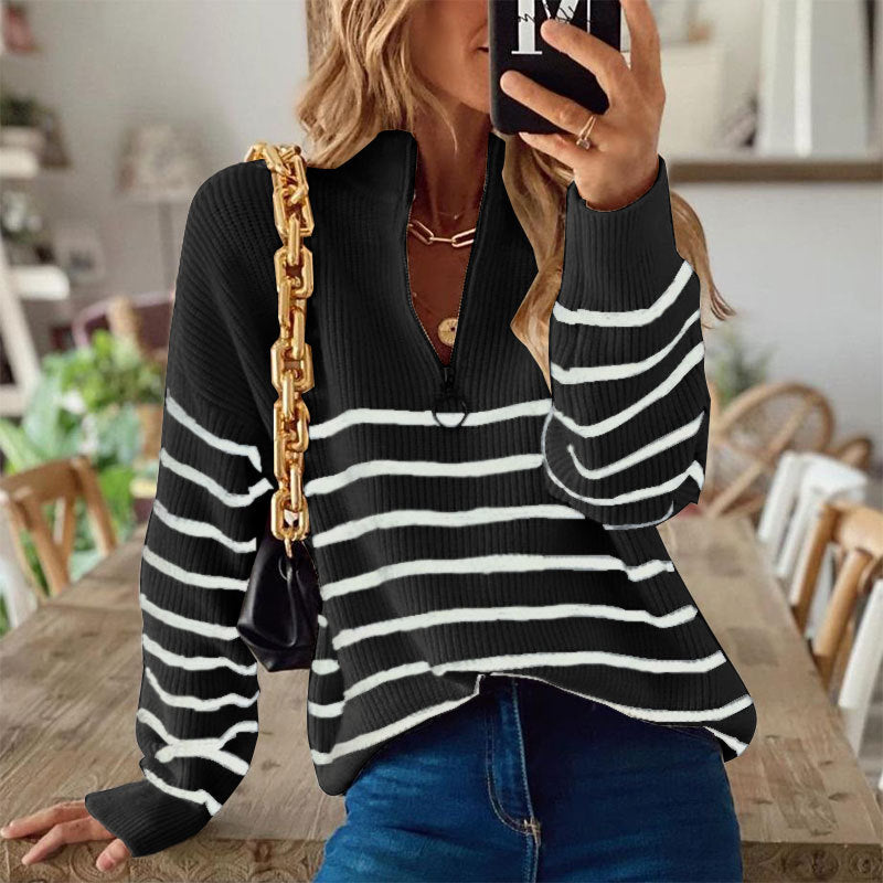 Women's Striped Half Zip Sweater with Ribbed Knit | Relaxed Fit Long Sleeve Pullover for Casual Wear | Size S-XL