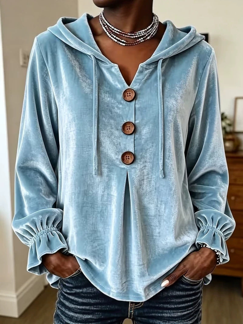 Women's Velvet Top with Hood and Drawstring | Decorative Button Placket, Ruffled Cuffs | Sizes S to 5XL, 5 Colors