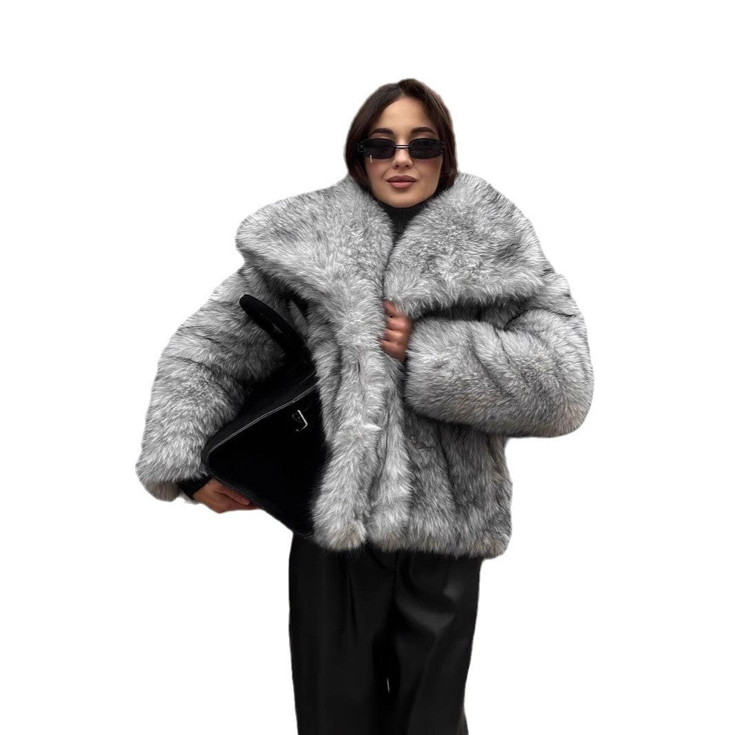 Women's Grey Faux Fur Jacket with Oversized Collar and Zip Front | Relaxed Fit Hip Length Winter Coat | Size S-2XL