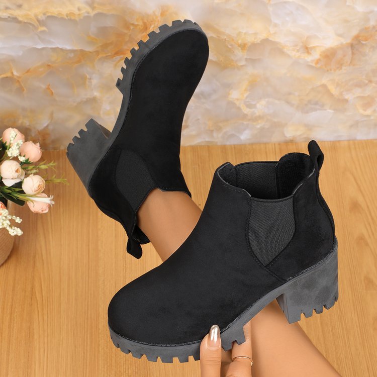 Women's Black Chelsea Boots in a Faux Suede Finish | Chunky Block Heel, Pull Tab, Ridged Lug Outsole | Sizes 5.5-11