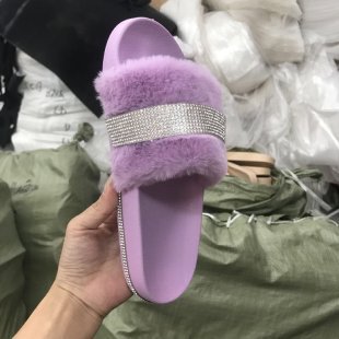 Women's Fur Slippers with a Rhinestone Trim | Fluffy Upper on a Non Slip Rubber Sole | Sizes 5.5 to 11, 8 Colors