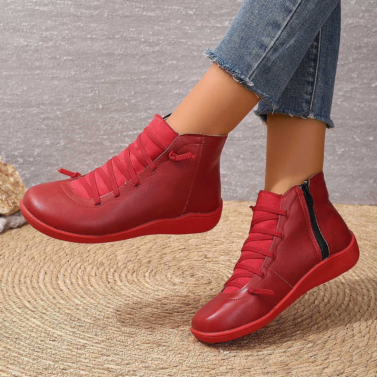 Women's Ankle Boots with Elastic Lacing and Side Zip | Leather Look Upper, Flexible Rubber Sole | Sizes 5.5-11, 6 Colors