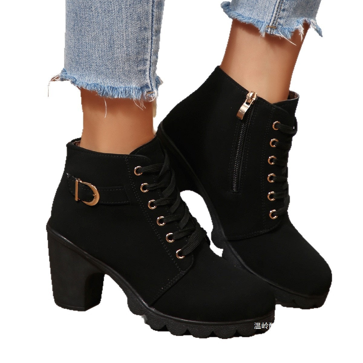 Women's Block Heel Ankle Boots with Gold Tone Eyelets | Buckle Tab, Side Zip, Deep Lug Outsole | Sizes 5.5-10, 6 Colors