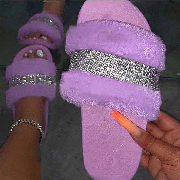 Women's Fur Slippers with a Rhinestone Trim | Fluffy Upper on a Non Slip Rubber Sole | Sizes 5.5 to 11, 8 Colors