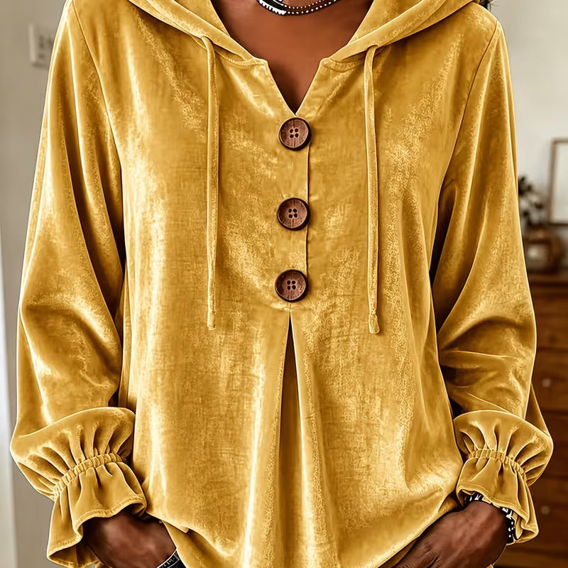 Women's Velvet Top with Hood and Drawstring | Decorative Button Placket, Ruffled Cuffs | Sizes S to 5XL, 5 Colors