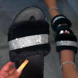 Women's Fur Slippers with a Rhinestone Trim | Fluffy Upper on a Non Slip Rubber Sole | Sizes 5.5 to 11, 8 Colors