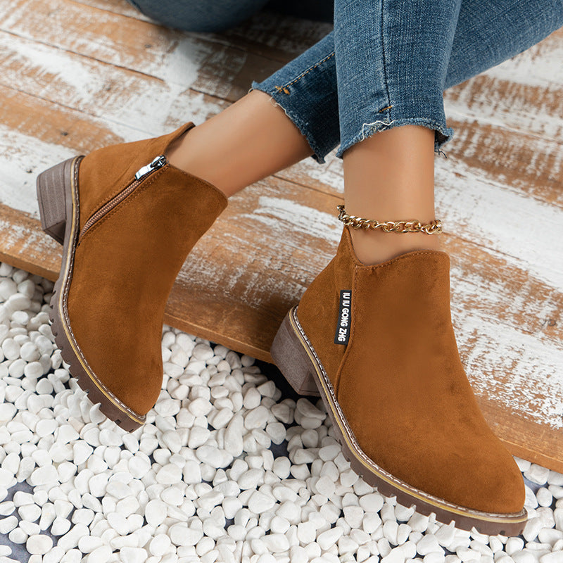 Women's Faux Suede Ankle Boots with a Slim Pointed Toe | Side Zip Entry, Low Block Heel, Ridged Sole | Sizes 5.5-10, 4 Colors