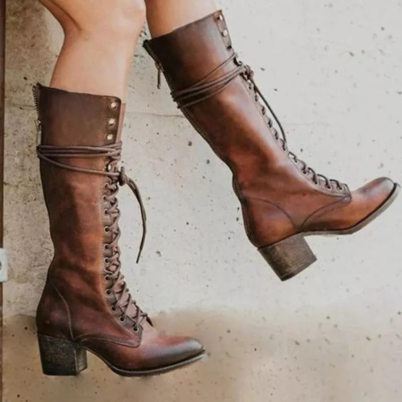 Women's Knee High Lace Up Boots with Block Heel | Studded Fold Over Cuff | Sizes 5.5-9.5, 5 Colors