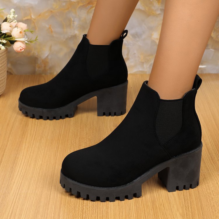 Women's Black Chelsea Boots in a Faux Suede Finish | Chunky Block Heel, Pull Tab, Ridged Lug Outsole | Sizes 5.5-11