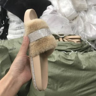 Women's Fur Slippers with a Rhinestone Trim | Fluffy Upper on a Non Slip Rubber Sole | Sizes 5.5 to 11, 8 Colors
