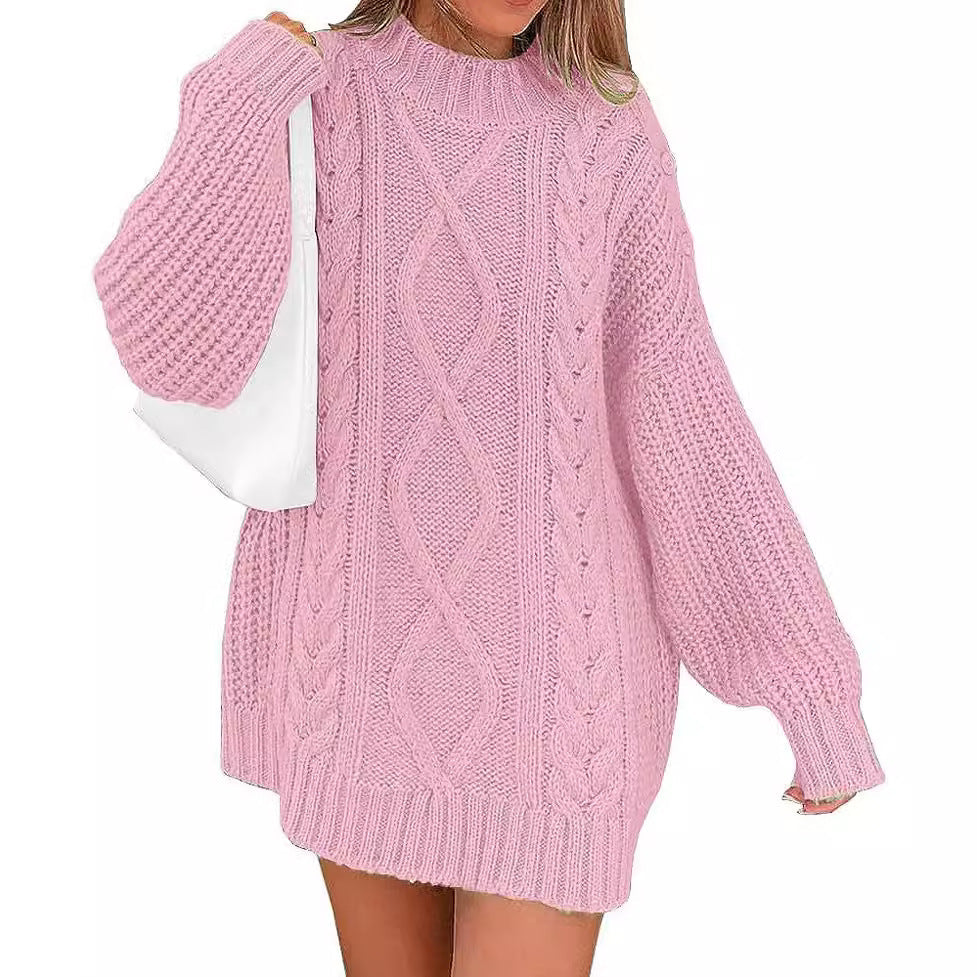 Women's Oversized Sweater Dress with Cable Knit Front | Balloon Sleeves, High Round Neck | Sizes S-XL, 7 Colors