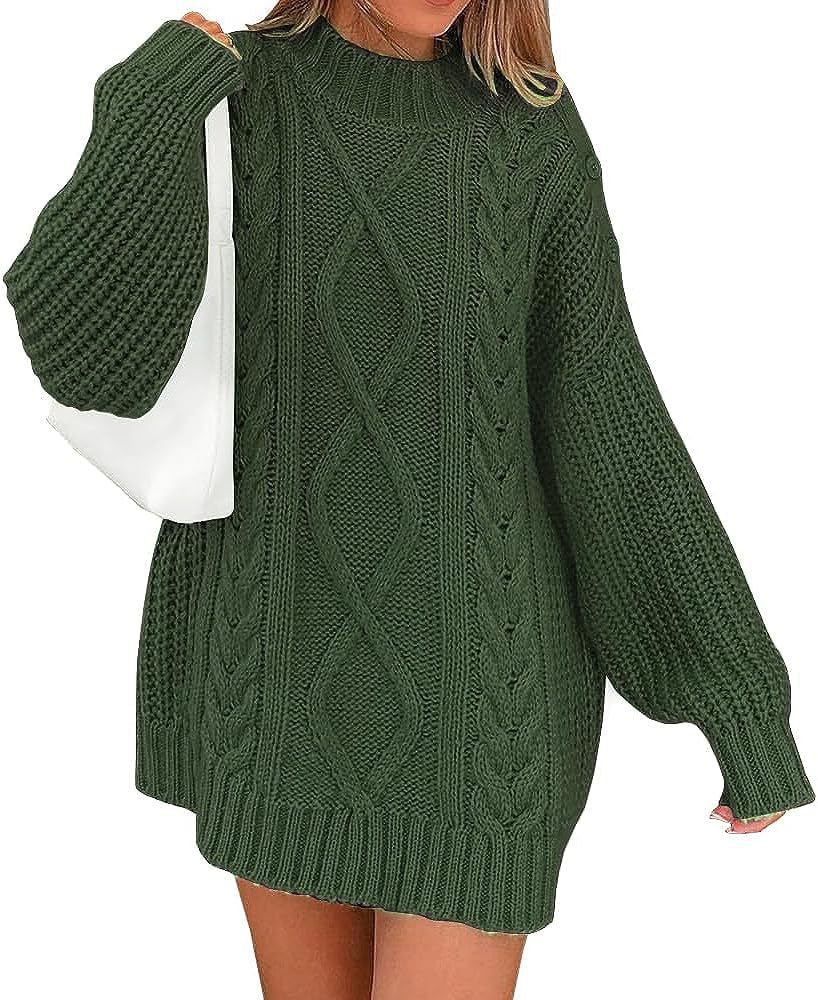 Women's Oversized Sweater Dress with Cable Knit Front | Balloon Sleeves, High Round Neck | Sizes S-XL, 7 Colors