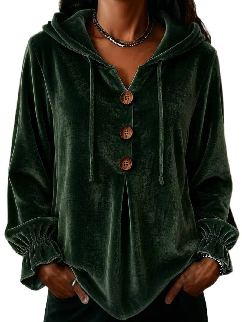 Women's Velvet Top with Hood and Drawstring | Decorative Button Placket, Ruffled Cuffs | Sizes S to 5XL, 5 Colors