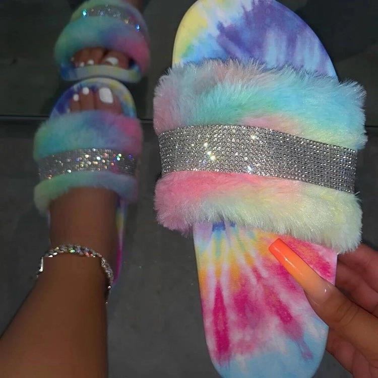 Women's Fur Slippers with a Rhinestone Trim | Fluffy Upper on a Non Slip Rubber Sole | Sizes 5.5 to 11, 8 Colors