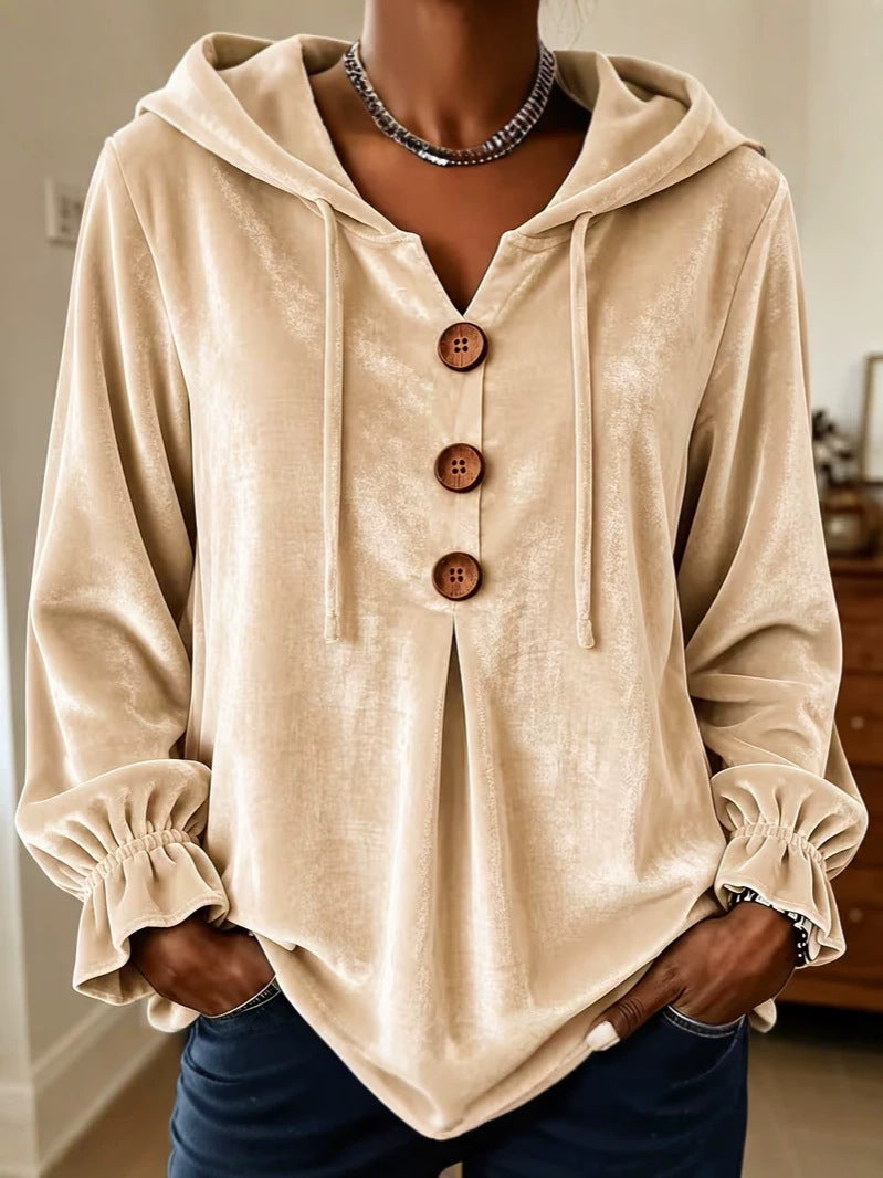 Women's Velvet Top with Hood and Drawstring | Decorative Button Placket, Ruffled Cuffs | Sizes S to 5XL, 5 Colors