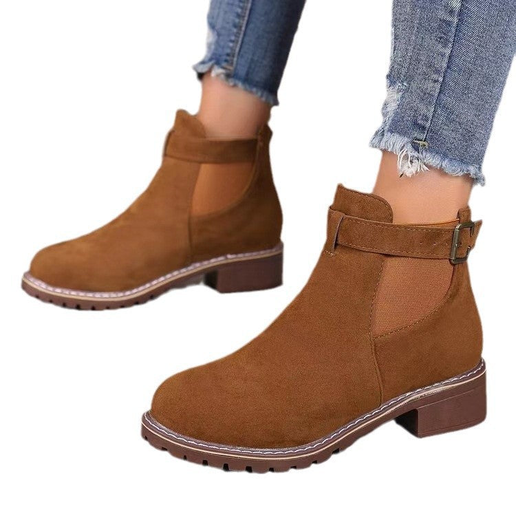 Women's Chelsea Ankle Boots in Suede Look | Buckle Trim, Low Block Heel, Treaded Sole | Sizes 5.5-11, 2 Colors