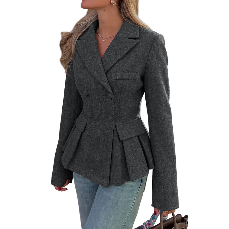 Women's Double Breasted Peplum Blazer with Lapels | Lined, Flap Pockets, Fitted Dark Grey Jacket with Slim Sleeves | Size S-XL