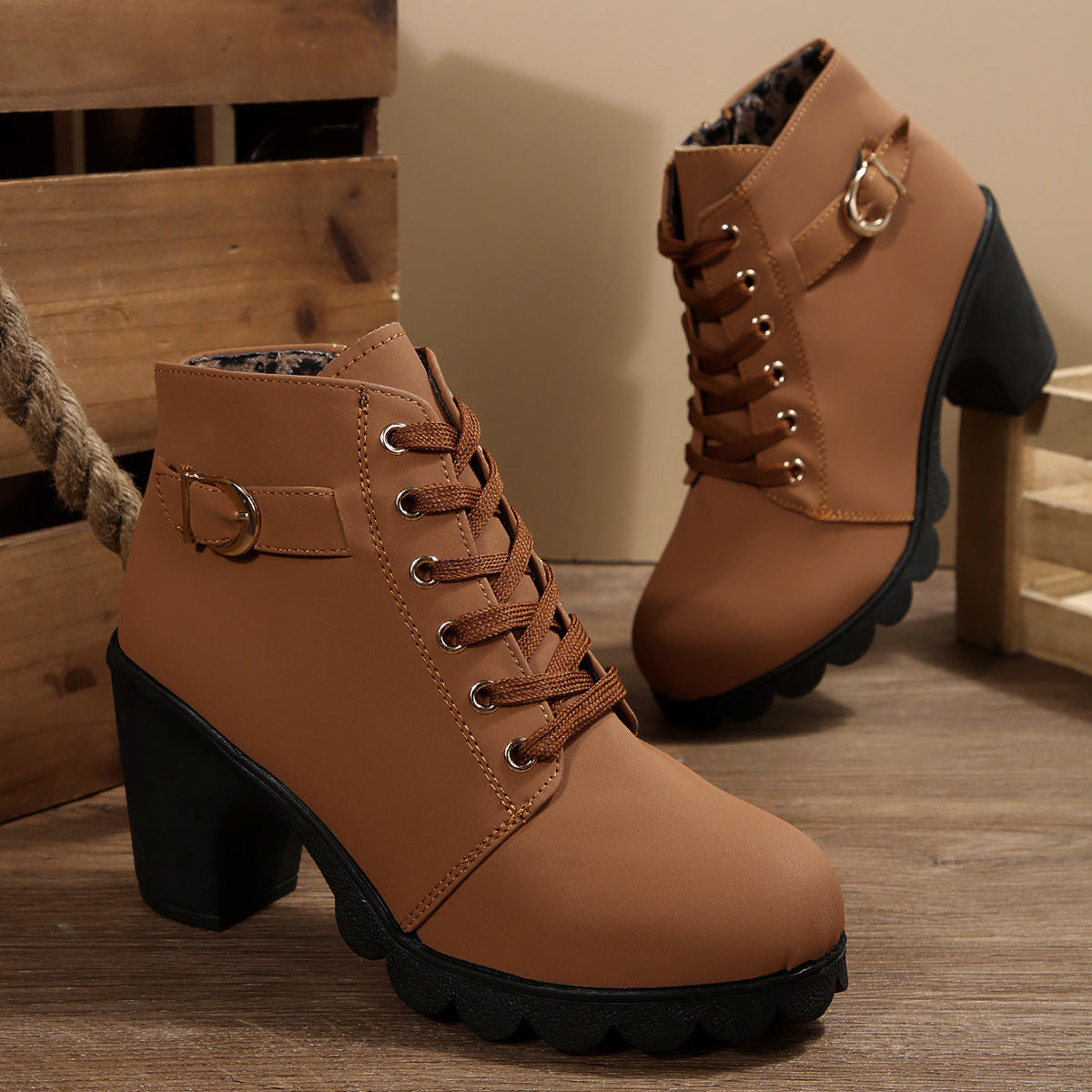 Women's Block Heel Ankle Boots with Gold Tone Eyelets | Buckle Tab, Side Zip, Deep Lug Outsole | Sizes 5.5-10, 6 Colors