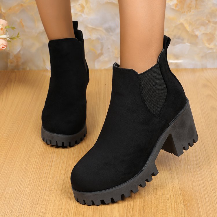 Women's Black Chelsea Boots in a Faux Suede Finish | Chunky Block Heel, Pull Tab, Ridged Lug Outsole | Sizes 5.5-11