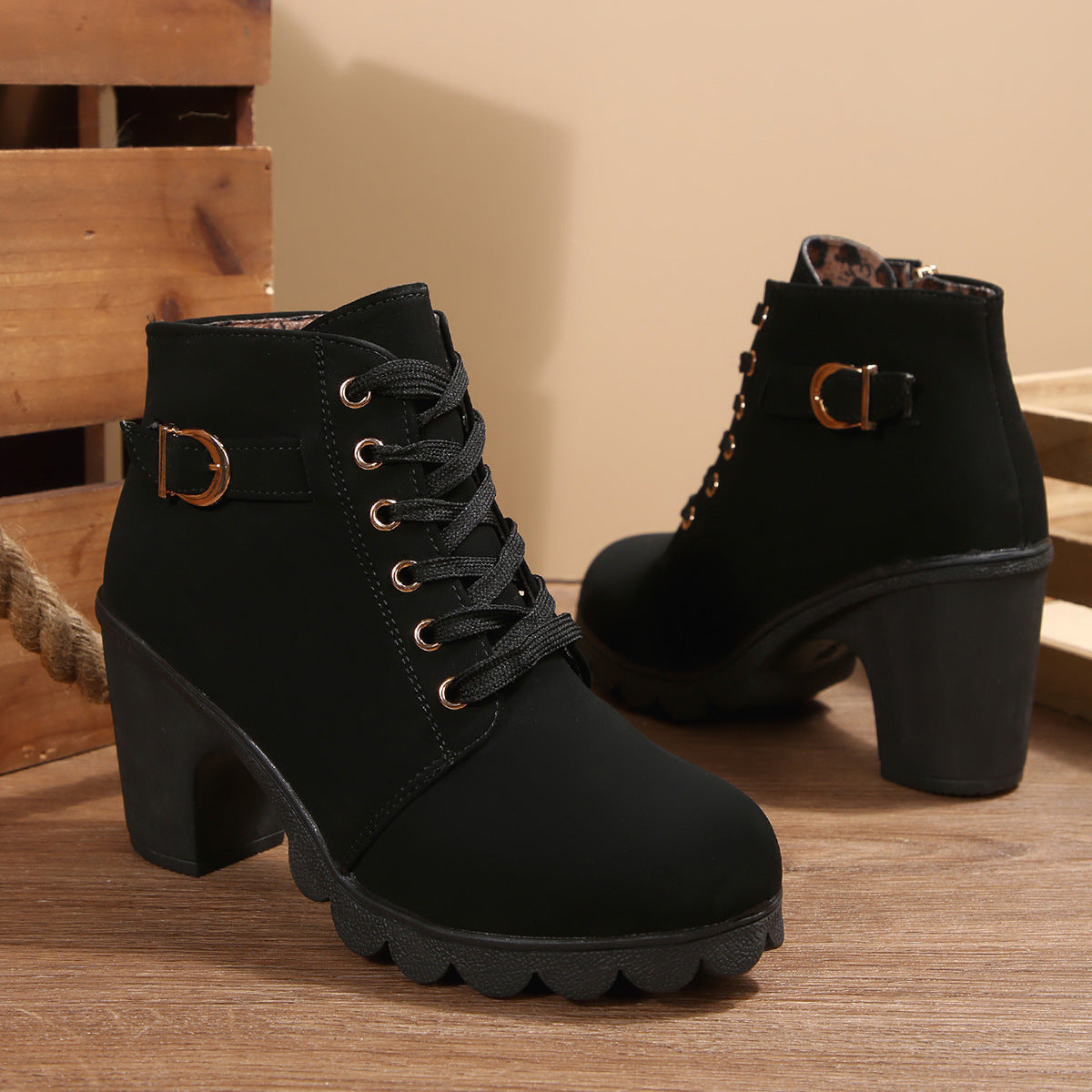 Women's Block Heel Ankle Boots with Gold Tone Eyelets | Buckle Tab, Side Zip, Deep Lug Outsole | Sizes 5.5-10, 6 Colors