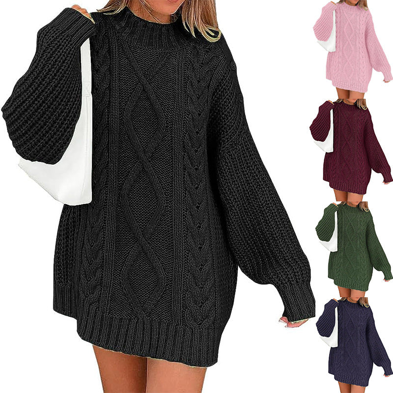 Women's Oversized Sweater Dress with Cable Knit Front | Balloon Sleeves, High Round Neck | Sizes S-XL, 7 Colors
